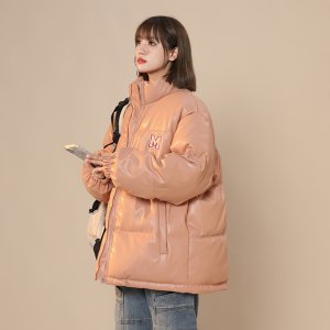 (image for) American retro PU leather 2023 winter new style down-padded jacket for women loose stand-up collar thickened bread coat and cotton coat trendy