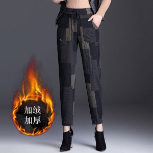 (image for) Women's floral woolen trousers plus velvet high-waisted harem pants 2023 autumn and winter new style lamb velvet plaid bloomers thick boot pants