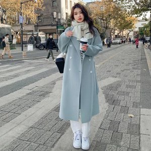 (image for) Blue Korean commuting woolen coat 2023 autumn and winter new Korean style loose mid-length lace-up woolen coat for women