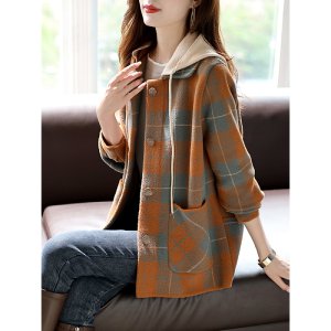 (image for) Hooded plaid mid-length autumn and winter coat pocket top 2022 new fashion temperament Korean style woolen short style