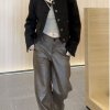 (image for) Wang Girl's shop coffee-colored straight leather pants early autumn American motorcycle low-waist drape casual versatile slimming long pants