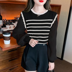 (image for) Versatile, slim and stylish lantern sleeve top, autumn new arrival, internet celebrity, good-looking, trendy Korean style round neck pullover striped sweater