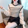 (image for) Versatile, slim and stylish lantern sleeve top, autumn new arrival, internet celebrity, good-looking, trendy Korean style round neck pullover striped sweater