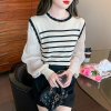 (image for) Versatile, slim and stylish lantern sleeve top, autumn new arrival, internet celebrity, good-looking, trendy Korean style round neck pullover striped sweater