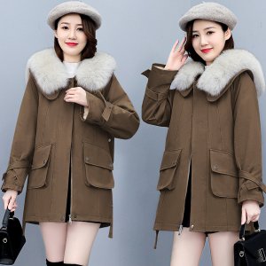 (image for) Winter thickened and velvet work clothes, cotton-padded clothes to overcome personality, removable large fur collar, mid-length, loose and slimming cotton-padded clothes
