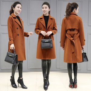 (image for) Woolen coat solid color commuter suit collar double-breasted raglan sleeves long sleeves mid-length slim fit pocket splicing
