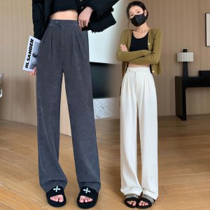 (image for) Wide-leg pants for women 2023 new winter European cotton velvet high-waist drape slim plus velvet small casual straight suit pants