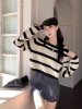 (image for) 2023 new trendy street-chic and beautiful sweater women's niche design contrasting striped suspender knitted top