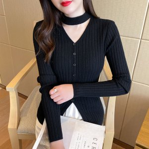 (image for) 2024 Spring and Autumn New Style Halter Neck Sweater Women's Underwear Fashionable Slim Sexy Bottoming Shirt V-neck Sweater Top Trendy