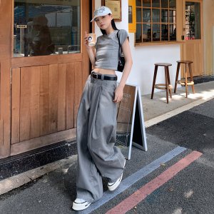 (image for) Casual versatile loose wide-leg pants gray high-waisted slim straight casual pants for women trendy early autumn Y0920P88