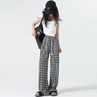 (image for) Ice silk wide-leg pants for women in summer thin high-waisted slim plaid pants versatile Korean style casual straight wide-leg pants