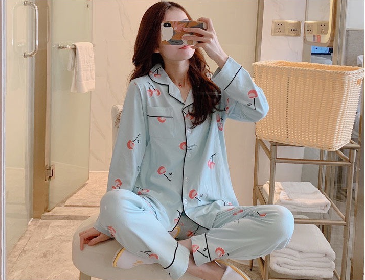 (image for) Spring and Autumn New Lapel Pajamas Women's Cardigan Long Sleeves Long Pants Cartoon Home Clothes Set (without packaging box)